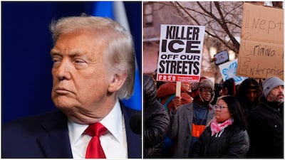 A file photo of Donald Trump/People gather for a vigil after the Minneapolis shooting (AP)