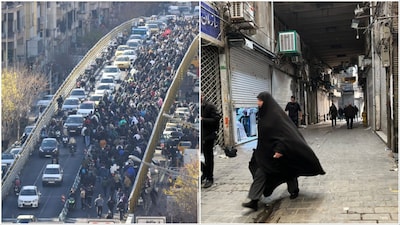 Protesters march on a bridge in Tehran/People walk as shops are closed during protests in Tehran's centuries-old main bazaar (Photos: AP)