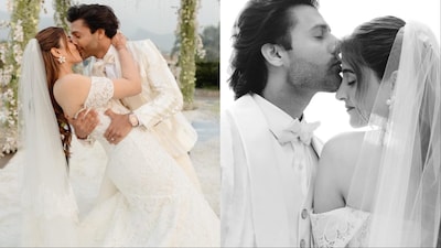 Nupur wore a white lace bridal gown; Stebin chose a cream-toned tuxedo.