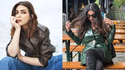 (L-R) Kriti Sanon and Mouni Roy show how to style leather jackets this season.