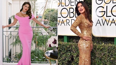 Priyanka Chopra Jonas in a Cristina Ottaviano gown and (right) Ralph Lauren dress.