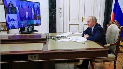 Russian President Vladimir Putin attends a cabinet meeting via videoconference at the Kremlin (AP photo)