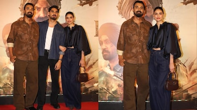 Athiya Shetty and KL Rahul step out in coordinated streetwear.
