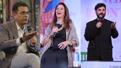 Ex-CJI DY Chandrachud, Shobhaa De, and Vir Das at Jaipur Literature Festival 2026. 