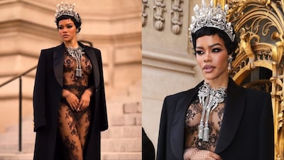 Teyana Taylor channels modern royalty in a sheer Schiaparelli look.