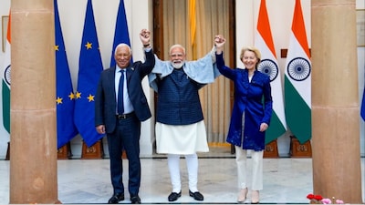 PM Modi with European Council President Antonio Costa, left, and European Commission President Ursula von der Leyen, right (Photo: PTI)