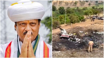 A file photo of Ajit Pawar / Remains of his plane that crashed during landing in Baramati (Photos: PTI)