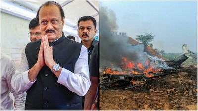 A file photo of Ajit Pawar / Visuals from the site of his plane crash (PTI)