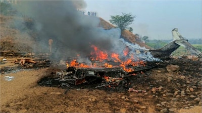 Maharashtra Deputy Chief Minister Ajit Pawar's plane in flames after it crashed in Baramati (Photo: PTI)