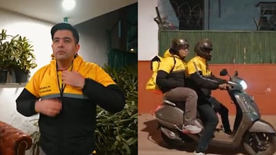 Accompanied by a delivery partner on a scooter, the Rajya Sabha MP is seen navigating residential complexes, elevators and corridors and completing doorsteps deliveries. (X)