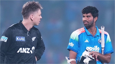 NZ's Bracewell and IND's Sundar share a moment during the 1st ODI (AP)