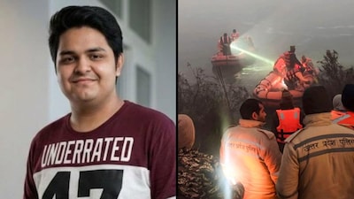 Techie Yuvraj Mehta (left) drowned after seeking help for two hours; (right) The unsuccessful rescue efforts to locate him. (PTI)