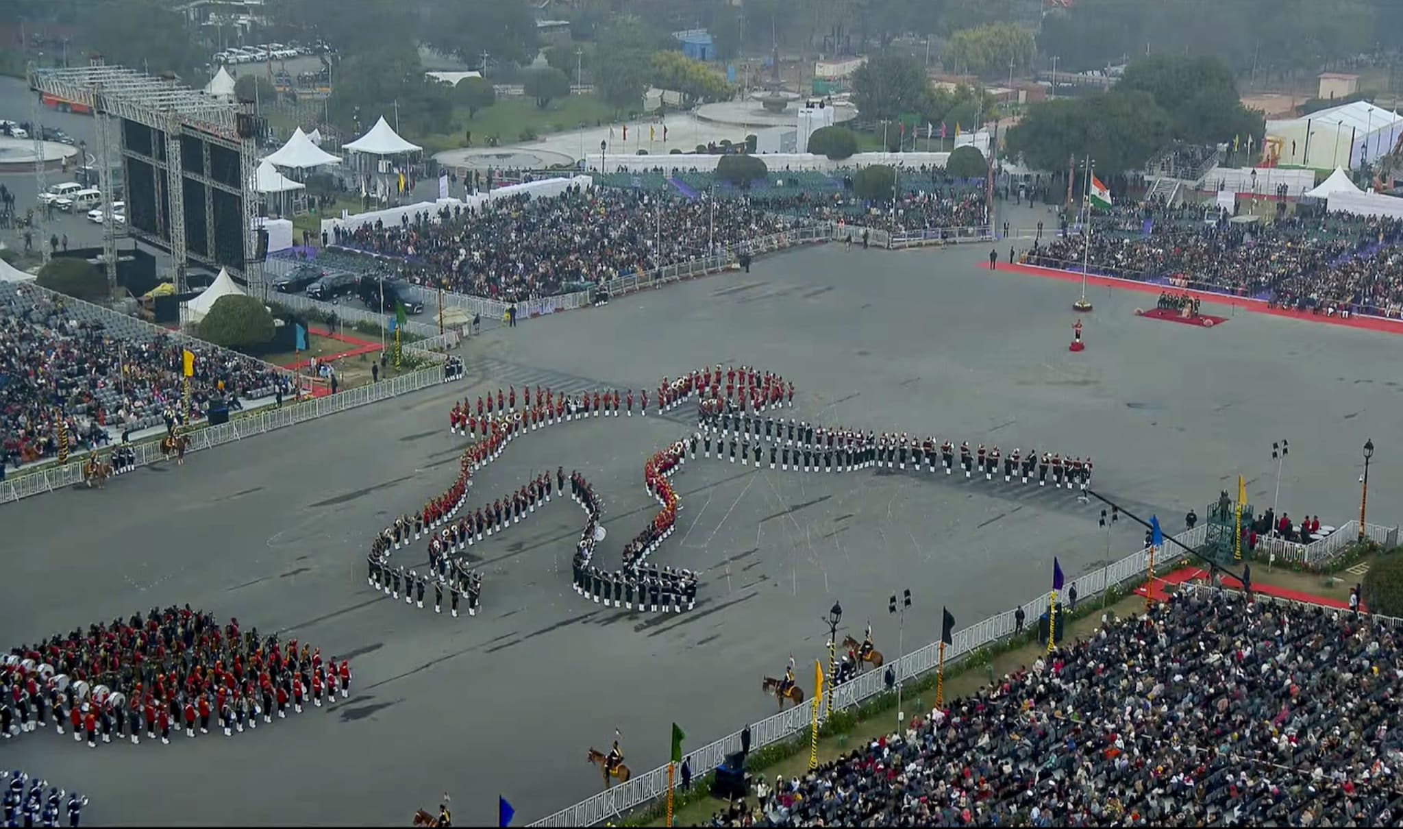 Armed forces personnel form a soldier formation during the Beating Retreat ceremony.