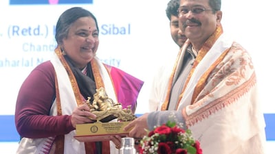 Union Education Minister Dharmendra Pradhan with JNU VC Prof Santishree Dhulipudi Pandit.