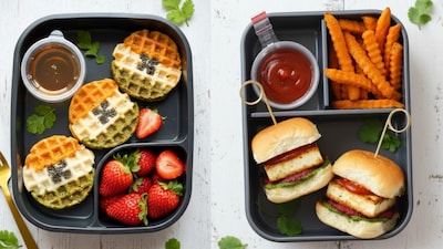 Mini paneer sliders layered with mint chutney and ketchup, served with crispy sweet potato fries make up for a vibrant and flavor-packed meal 