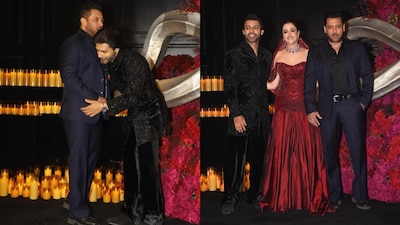 Salman Khan poses with newlyweds Stebin Ben and Nupur Sanon.