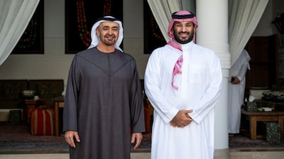 Sheikh Mohamed bin Zayed Al Nahyan, President of UAE, stands for a photograph with Prince Mohammed bin Salman, Crown Prince of Saudi Arabia, in Riyadh. (Handout via REUTERS)
