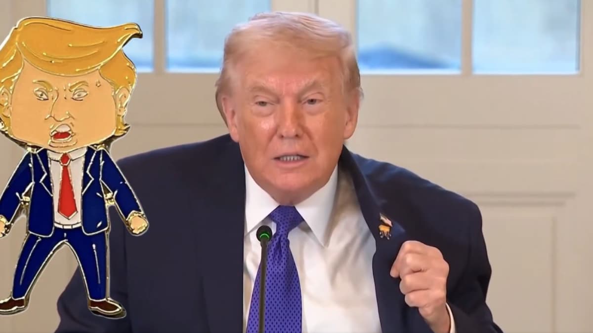 US President Shows Off ‘Happy Trump’ Lapel Pin But Says He’s Never Happy