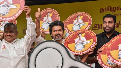 Tamilaga Vettri Kazhagam (TVK) chief Vijay during a meeting with his party officials, in Mahabalipuram, Tamil Nadu. (Image: PTI)