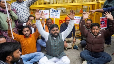 People from upper caste communities stage a protest outside the University Grants Commission headquarters against new rules. (PTI)