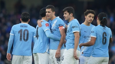 Manchester City players celebrate after a goal during the FA Cup third round match between Manchetster City and Exeter in Manchester, England Saturday, Jan. 10, 2026. (AP Photo/Ian Hodgson)