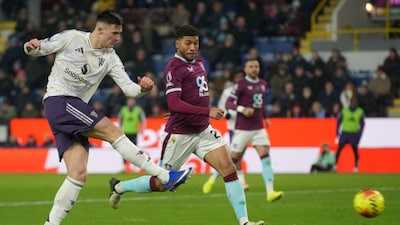 Manchester United's Benjamin Sesko scores during the Premier League soccer match between Burnley and Manchester United in Burnley, England Wednesday, Jan. 7, 2026. (AP Photo/Ian Hodgson)