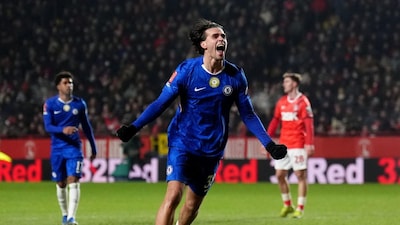Chelsea's Marc Guiu celebrates scoring his team's third goal of the game during the English FA Cup third round soccer match between Charlton Athletic and Chelsea in London, Saturday Jan. 10, 2026. (John Walton/PA via AP)