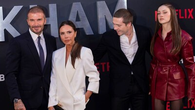 FILE - David Beckham, from left, Victoria Beckham, Brooklyn Beckham and Nicola Peltz appear at the premiere of the Netflix docuseries "Beckham" in London on Oct. 3, 2023. (AP Photo/Vianney Le Caer, File)
