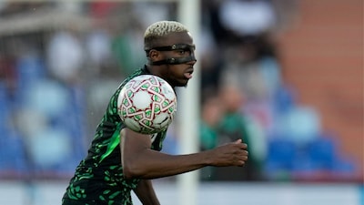 Nigeria's Victor Osimhen controls the ball during the Africa Cup of Nations quarterfinal soccer match between Nigeria and Algeria, in Marrakech, Morocco, Saturday, Jan. 10, 2026. (AP Photo/Themba Hadebe)