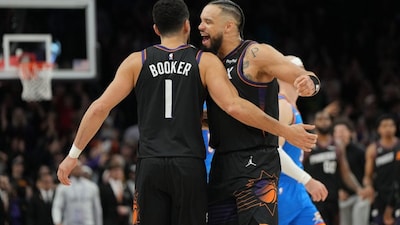 Devin Booker celebrates with forward Dillon Brooks after hitting the winning shot against the Oklahoma City Thunder (Picture credit: AP)