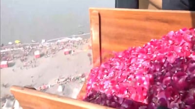 Flower petals were showered on the devotees who gathered at the Sangam for the 'snaan' on Mauni Amavasya. (Photo: ANI)