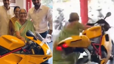 The most dramatic moment arrives when she jumps onto the moving bike. (Photo Credit: X)