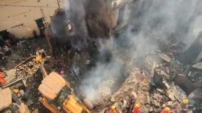 National Disaster Response Force (NDRF) and State Disaster Response Force (SDRF) teams are assisting in the rescue mission of people trapped in the building. (ANI/X)