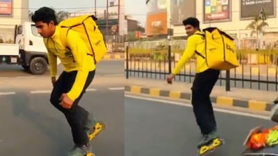 The video shows Blinkit delivery agent skating down a busy street. (Photo Credit: Instagram)
