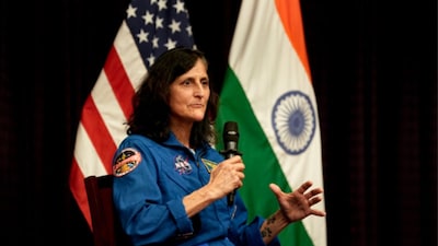 NASA astronaut (Retd.) Sunita Williams addresses a fireside chat on her journey and experiences in space, at the US Embassy, in New Delhi, Tuesday. (PTI)