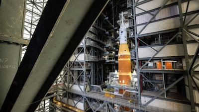 NASA's Artemis II SLS (Space Launch System) rocket and Orion spacecraft, secured to the mobile launcher. (AP)