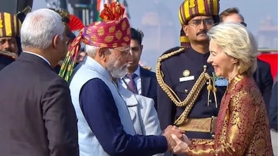 EU chief Ursula Von der Leyen with PM Modi at Republic Day parade event | Image: X