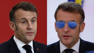 French President Emmanuel Macron was sporting a puffy, red eye (L) during a recent New Year address to the armed forces. He earlier wore sunglasses during an outdoor troop inspection. (Image: AFP)
