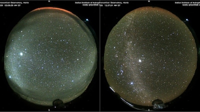 At 3.07 am on the night of January 19/20, from the video from the all-sky camera; (right) 38 minutes after midnight on the intervening night of January 20 and 21 from the video from the all-sky camera, at the Hanle in Ladakh. (Image: Indian Institute of Astrophysics)