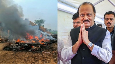 Witness accounts said the plane crash-landed, followed by a massive explosion and four to five consecutive blasts; (right) Maharashtra deputy CM Ajit Pawar was killed in a plane crash in Baramati on January 28, 2026. (Image: PTI)