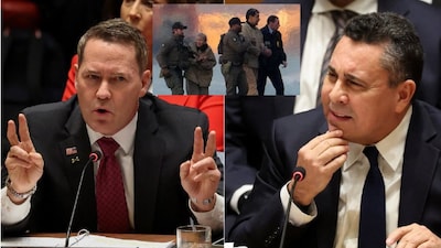 As Maduro (centre) appeared in a New York court, Venezuela’s Samuel Moncada (right) and US envoy Mike Waltz (left) clashed at the UN over his capture. (IMAGE: REUTERS) 