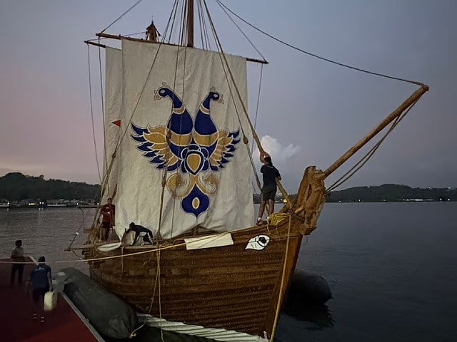 The INSV Kaundinya was made using coconut coir rope, wooden planks, natural fibre and resin. The materials were stitched together by hand and sealed with natural resin. There is no engine in the vessel. The INSV Kaundinya uses square sails, helped by favourable winds, to sail. The vessel revives a 2,000-year-old shipbuilding tradition wherein Indian mariners once navigated the Indian Ocean with the help of monsoon winds and knowledge of the stars. The INSV Kaundinya was made using coconut coir rope, wooden planks, natural fibre and resin. The materials were stitched together by hand and sealed with natural resin. There is no engine in the vessel. The INSV Kaundinya uses square sails, helped by favourable winds, to sail. The vessel revives a 2,000-year-old shipbuilding tradition wherein Indian mariners once navigated the Indian Ocean with the help of monsoon winds and knowledge of the stars.