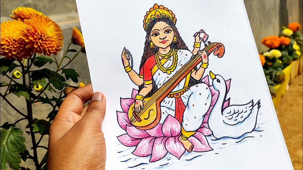 Colouring and Drawing Goddess Saraswati With Kids Drawing and colouring activities are another favourite for preschoolers. Children can colour simple pictures of Goddess Saraswati, books, swans, or spring flowers. Using yellow, white, and gold crayons helps them remember the festival theme. Parents can talk about what each symbol means in simple words. This builds creativity, attention, and cultural understanding at the same time.