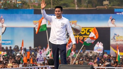TMC MP Abhishek Banerjee addressing an election rally in South 24 Parganas. (PTI)