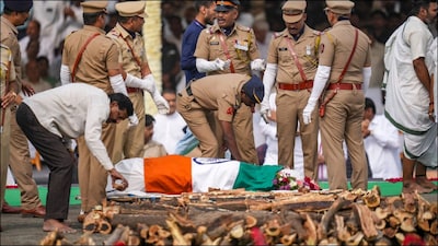 Ajit Pawar's body being taken to Vidya Pratishthan college ground for his funeral. (PTI)