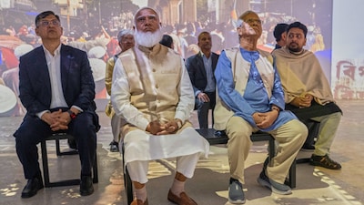 Head of Bangladesh's interim government Muhammad Yunus, second right, with Bangladesh Jamaat-e-Islami party leader Ameer Shafiqur Rahman, second left. (Image: AP)