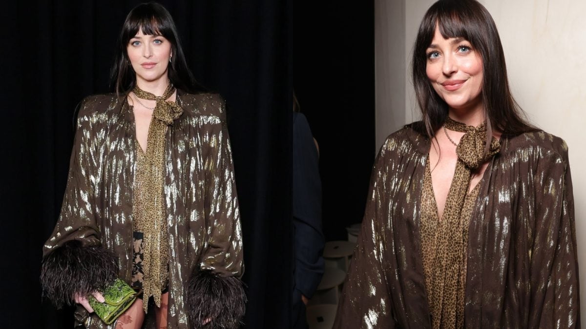 Dakota Johnson Turns Heads In Skimpy Lace Shorts & Sheer Patterened Tights In Paris