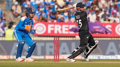 Daryl Mitchell plays a shot during the first ODI against India in Vadodara. (PTI Photo)