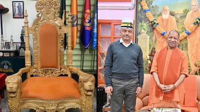 (Left) The Lion Chair and (right) Uttarakhand minister of state (independent charge) and retired army officer Colonel Ajay Kothiyal, a central figure in the Kedarnath rebuilding effort after the devastating 2013 floods, with Yogi Adityanath. (News18)