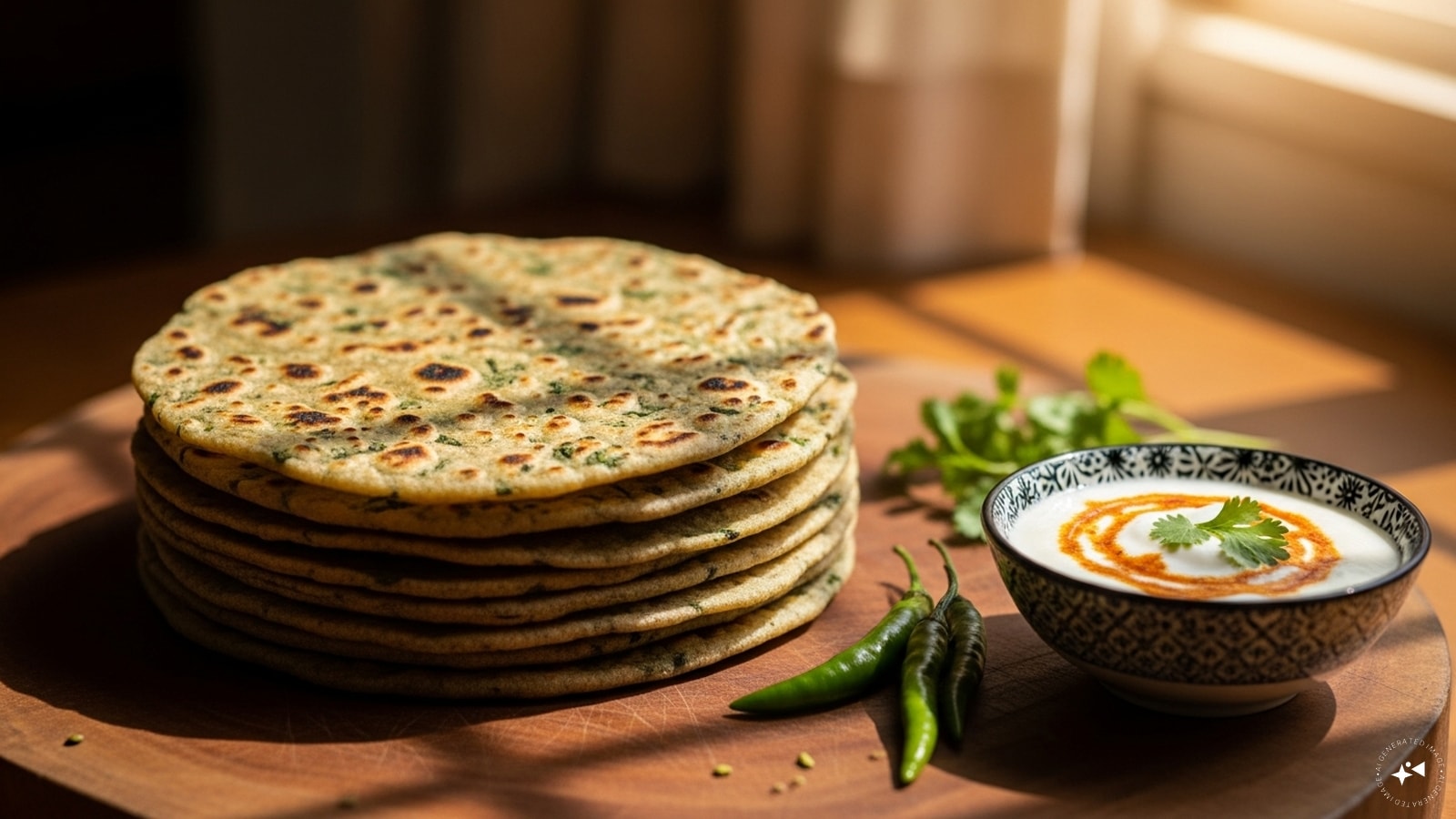 Methi Thepla: A popular Gujarati dish, thepla is a spiced flatbread made with whole wheat flour, gram flour, yogurt, and methi leaves. It’s soft, flavorful, and stays fresh for hours, making it perfect for travel or picnics.